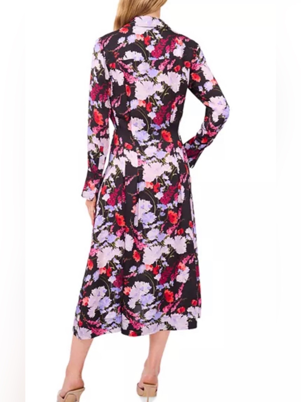 Ted Baker London Black Floral Long Sleeve Midi Dress with Pink & Red Blossoms